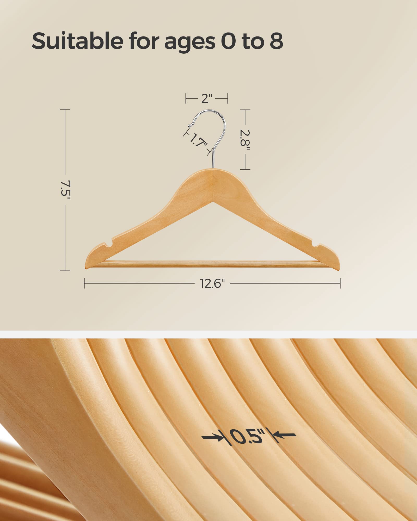 Songmics Kids Wooden Hangers 10 Pack, Solid Wood Baby Hangers, Children'S Coat Hangers With Pants Bar, Shoulder Notches, Swivel
