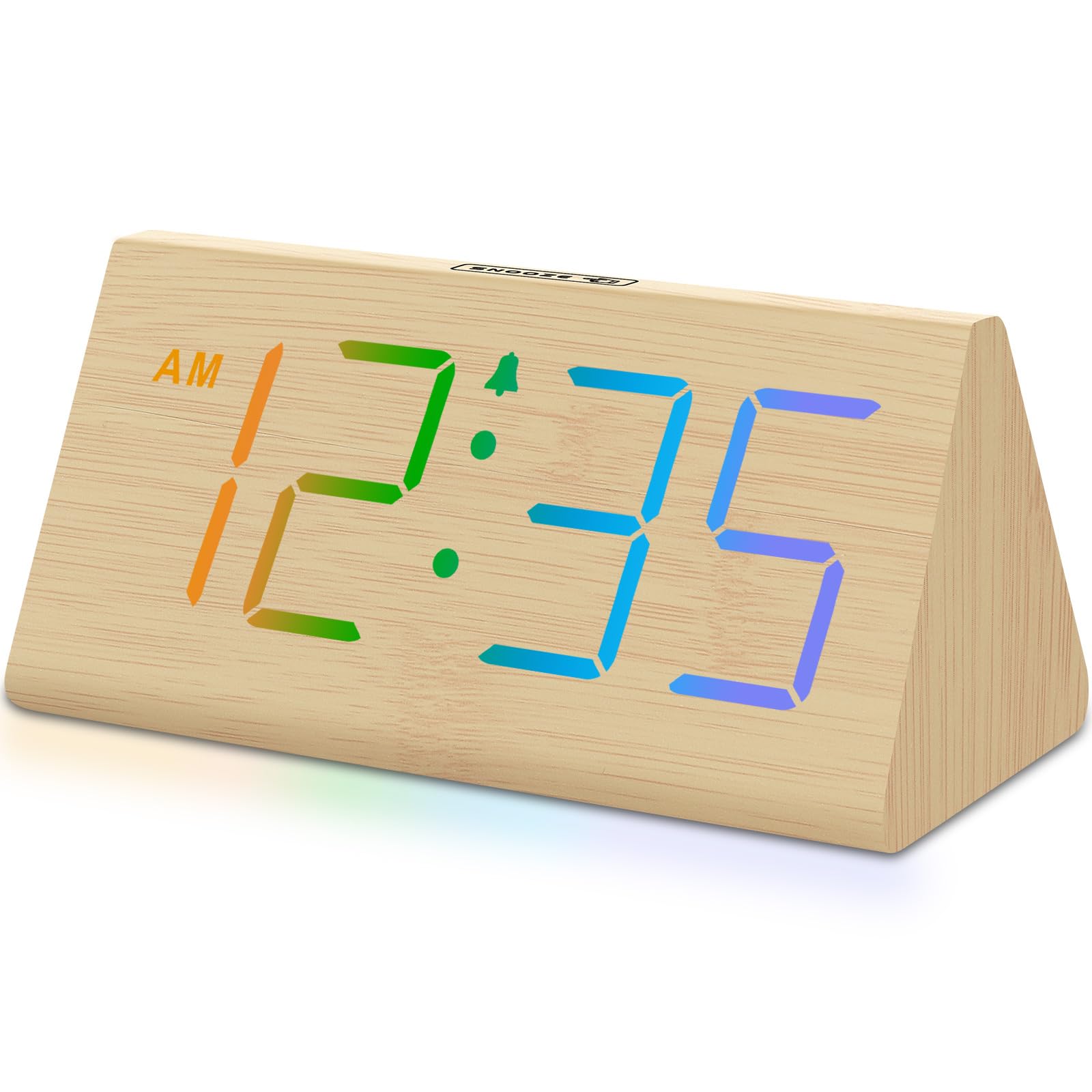 DreamSky Wooden Digital Alarm Clock for Bedroom - RGB Electric Desk Clock with Large Numbers, USB Port, Loud Alarm for Heavy Sle
