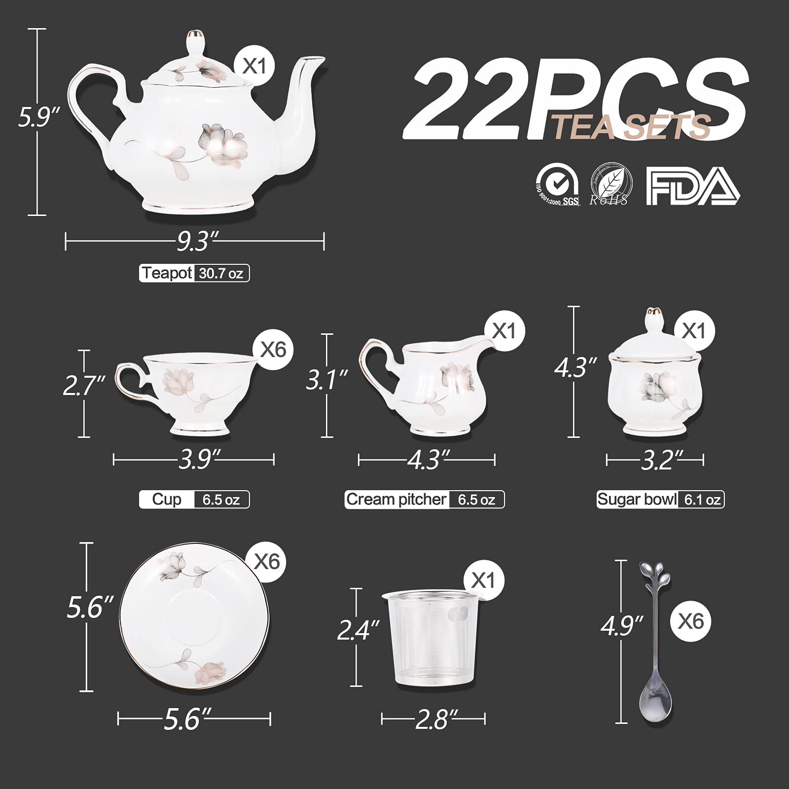 Chenp.Hmc Porcelain Ceramic 22-Piece Tea Set, Teapot And Cup Set, 30.7 Ounces, For 6, Gift Sets, Tea Or Coffee Lovers, Wedding,