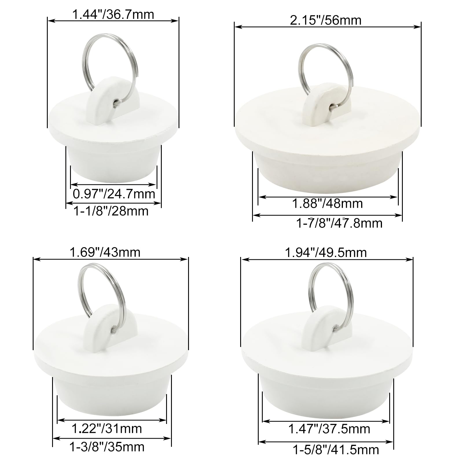Cionyce 4 Pack Sink Bathtub Plug Rubber Sink Stopper White Bath Tub Drain Stoppers With Pull Ring For Kitchen, Bathtub,Laundry S