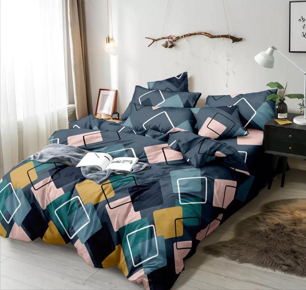 THE HOME STYLE Cotton Feel Glace Cotton Elastic Fitted All Around Elastic Printed King Size Double Bed Bedsheet with 2 Pillow Co