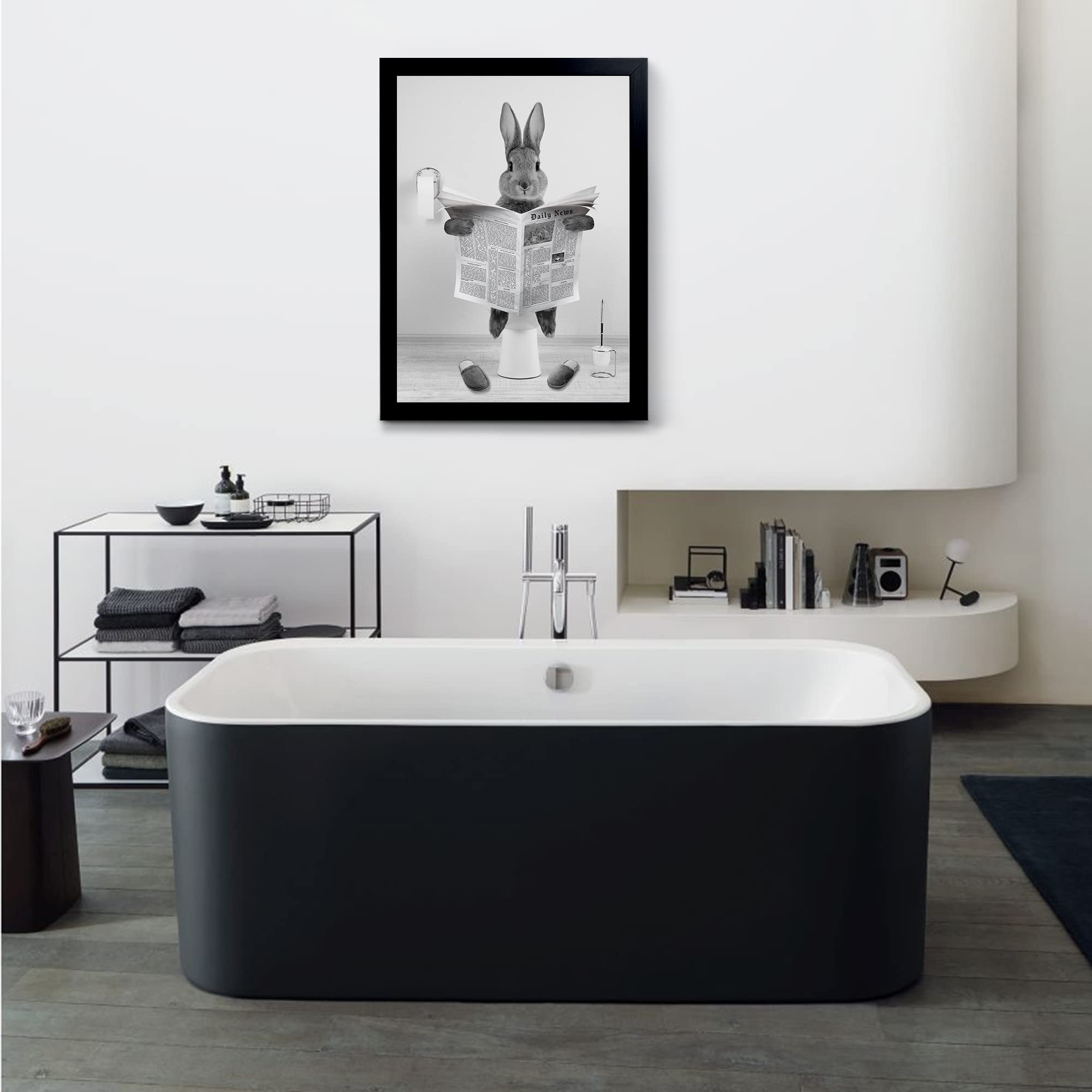 Yongart Black Framed Poster, Cute Rabbit Bathroom Wall Art, Farmhouse Style Animals Bathroom Wall Decor, Black And White Canvas