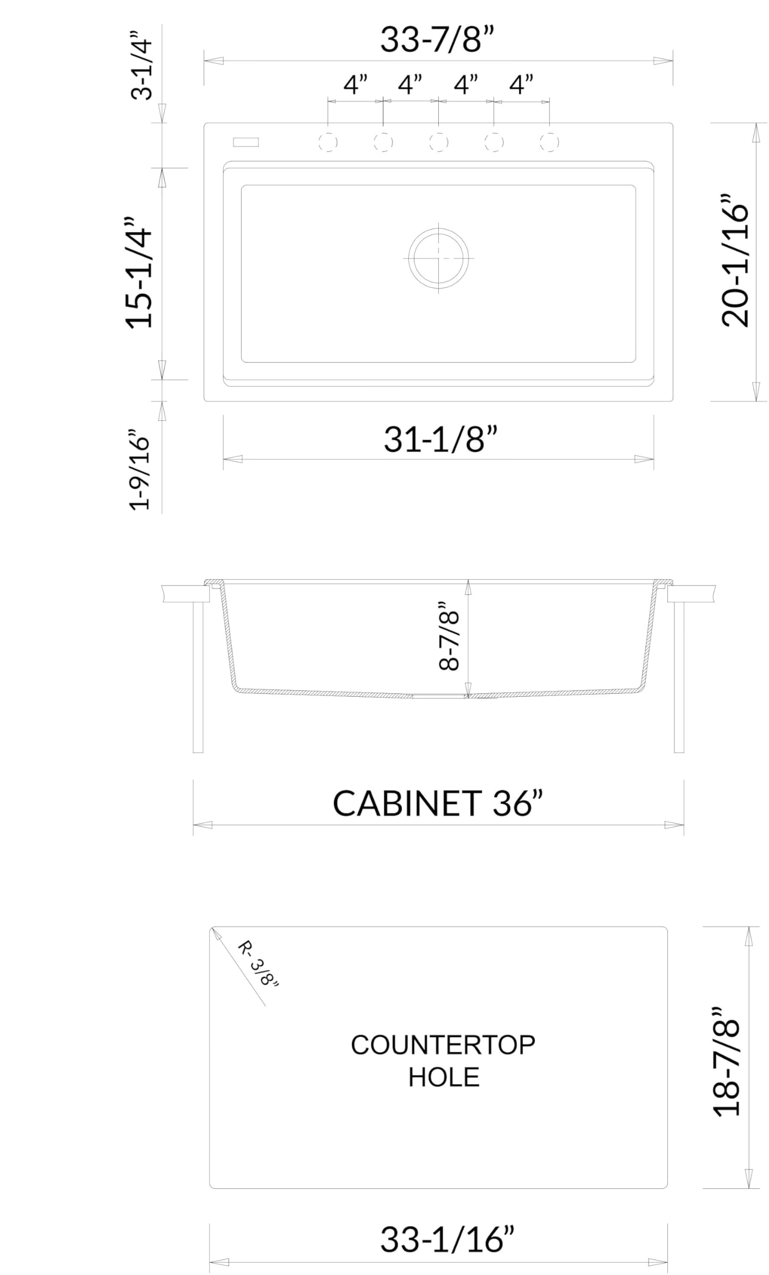Alfi Brand Ab3418Sbdi-Bla Black 33'' Granite Composite Workstation Step Rim Single Bowl Drop In Sink With Accessories