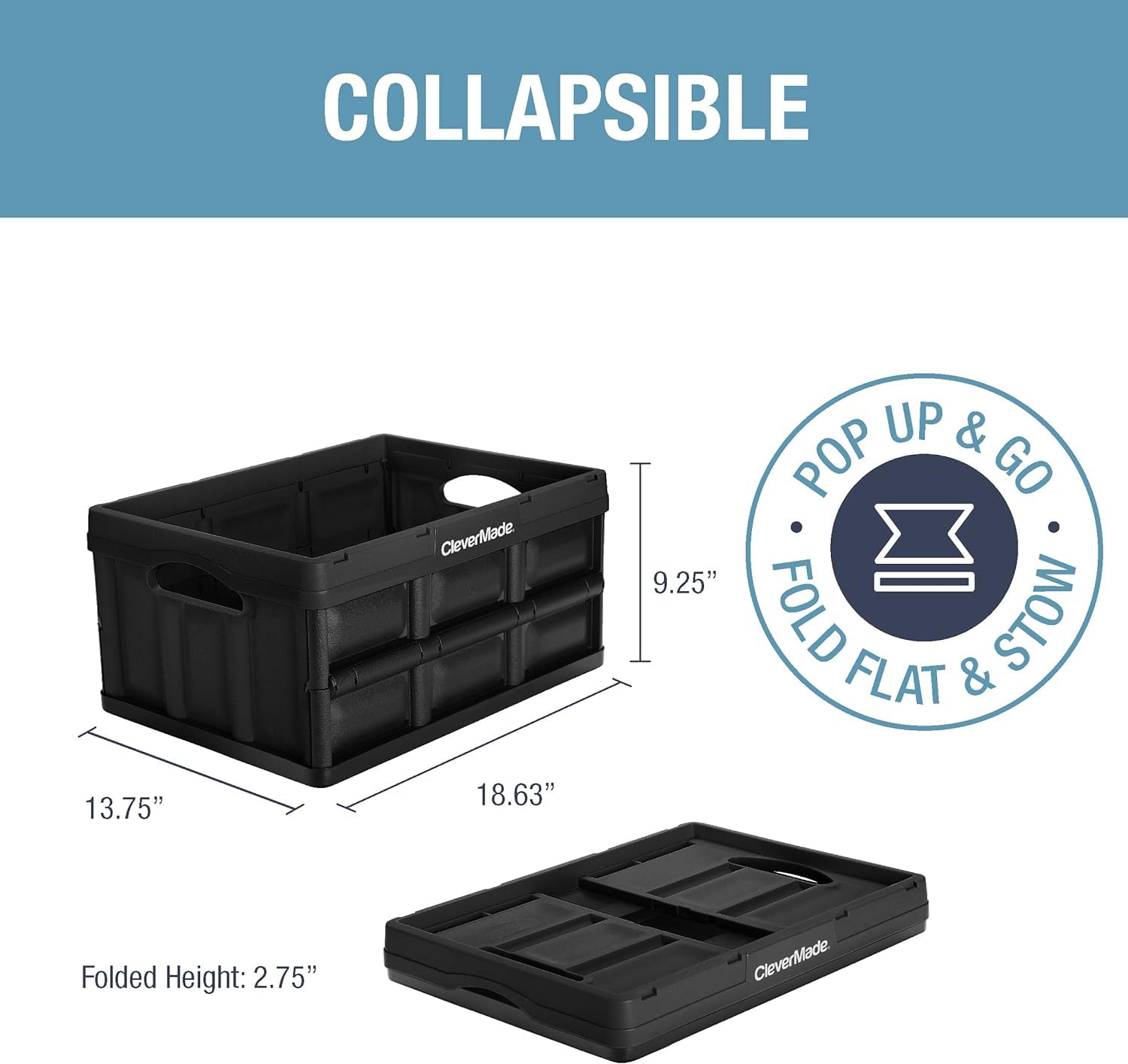 Clevermade Collapsible Storage Bin, Obsidian, 3Pk - 32L (8 Gal) Stackable Storage Containers, Holds 66Lbs Per Bin - Plastic Stor