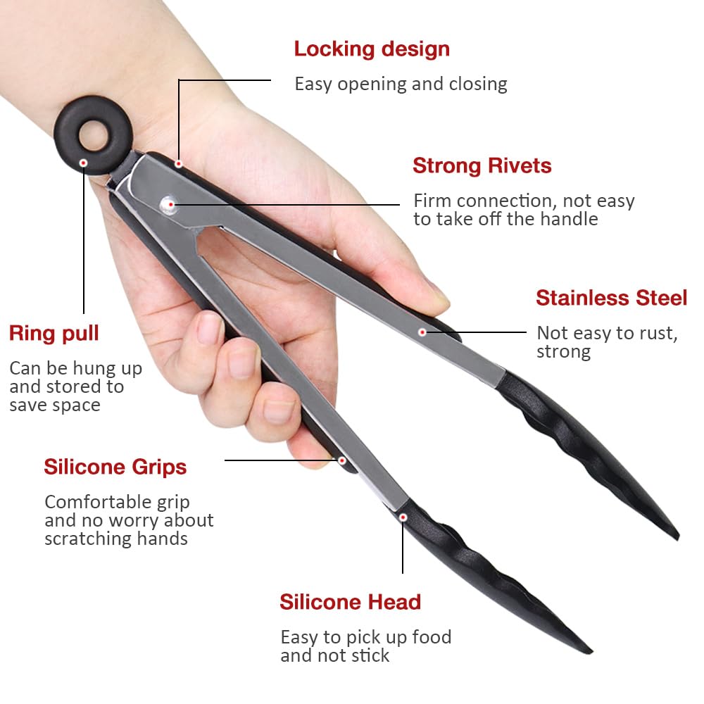 Pharamat 9 Inch Small Kitchen Tongs Set Of 3, Silicone Cooking Tongs With Silicone Tips And Stainless Steel Handle, Silicone Ton