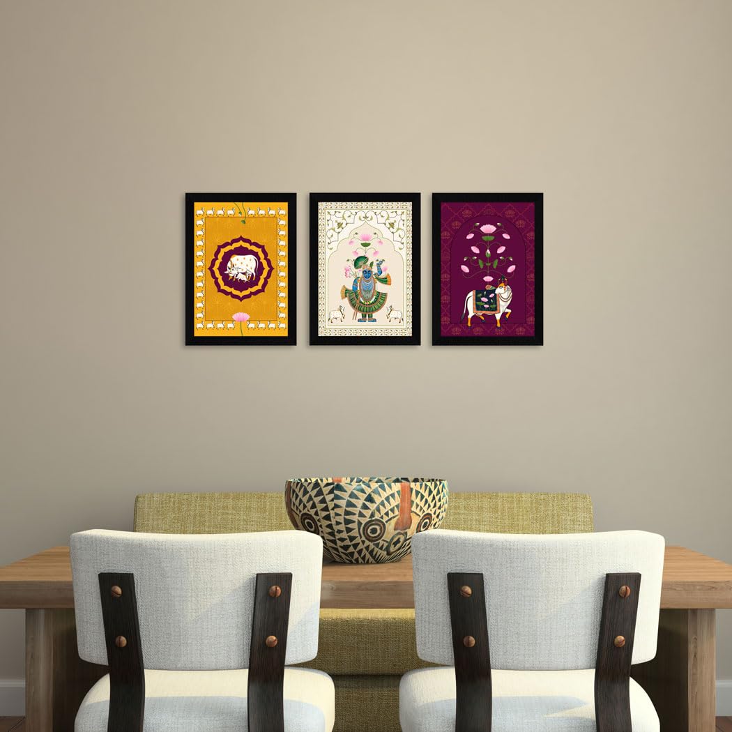 Artx Paper Pichwai Shrinath Ji Cow With Calf Framed Wall Art Painting For Bedroom, Wall Painting For Living Room, 10.0 X 13.0 In