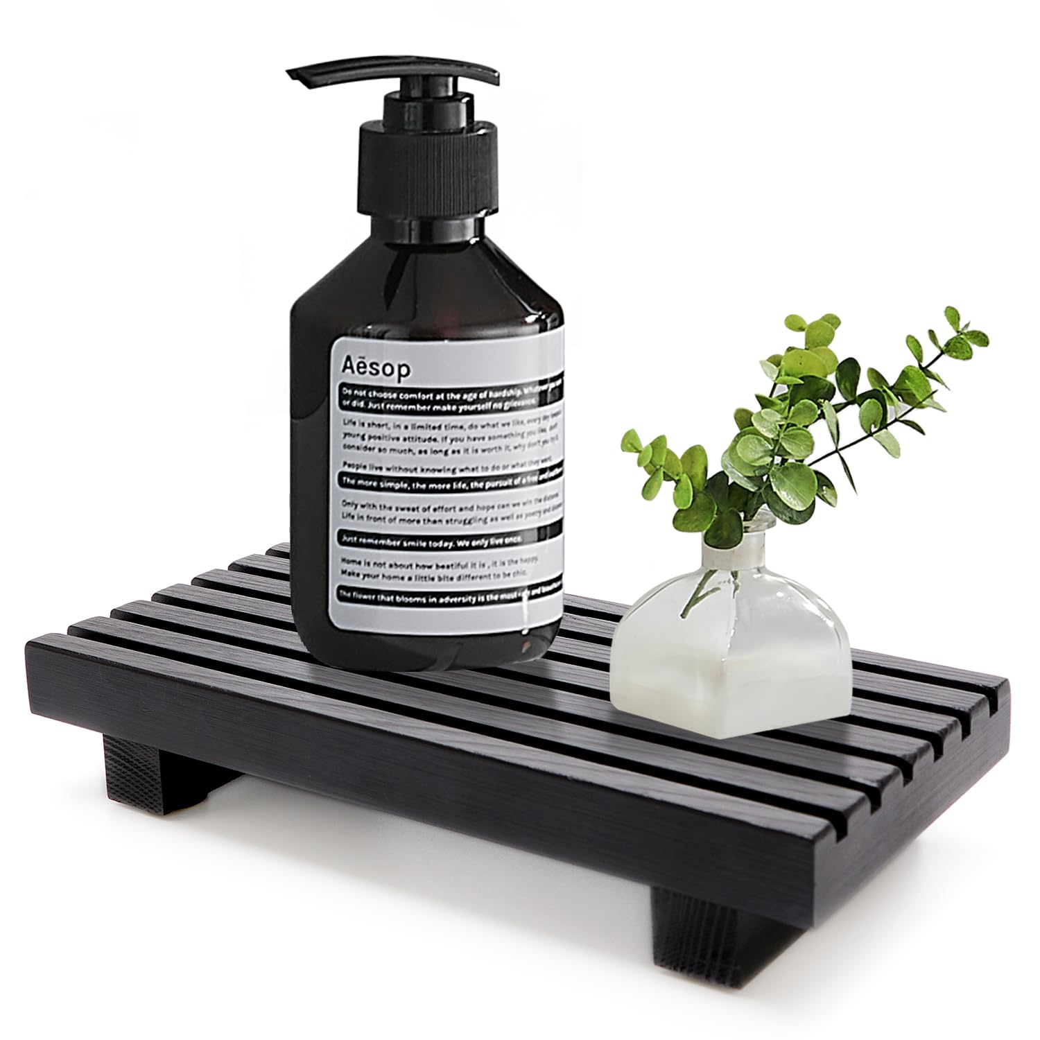 Small Black Bathroom Decor Tray For Counter Dish Soap Holder Wooden Pedestal Stand For Kitchen Sink Soap Dispenser Wood Risers K