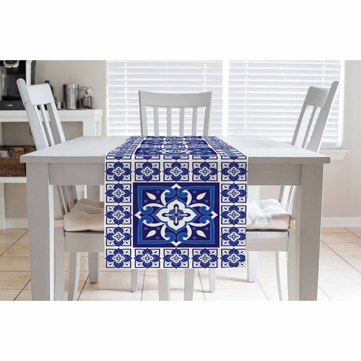 Hosnye Table Runner Blue Portuguese Tile Pattern,Cotton Linen Table Runner Decoration For Kitchen Family Dinner Table Holiday Pa