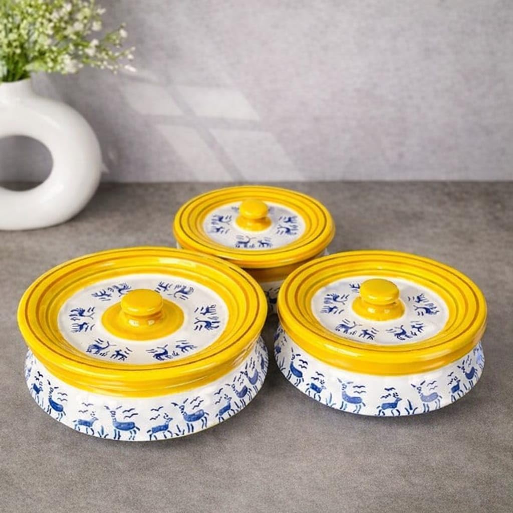 Niyara Blue Deer Design Ceramic Casserole With Yellow Line Border | Multipurpose Serving Bowl With Lid | Microwave Safe (Set Of 