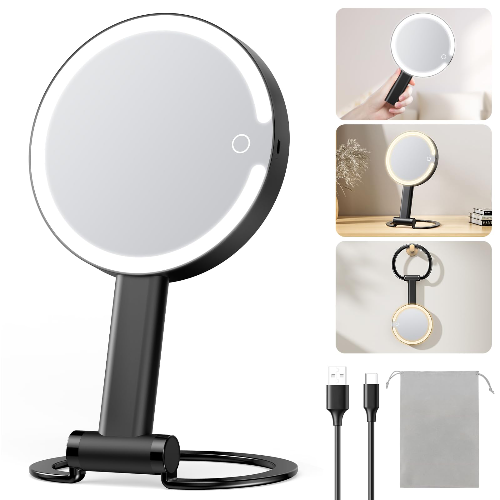 Gospire Magnifying Travel Mirror With Light 10X 1X Magnifition 2-Sided Lighted Makeup Mirror Rechargeable 3 In 1 Hand Held Desk