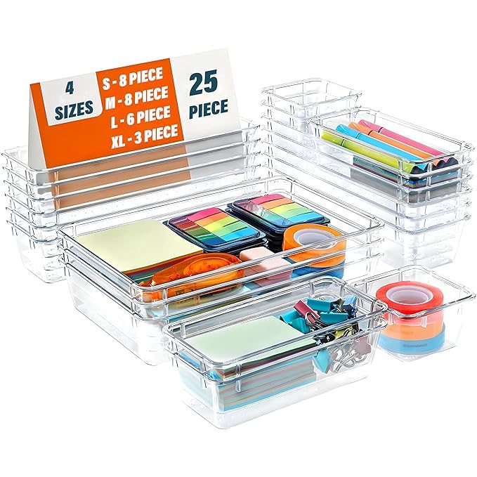Desk Drawer Organizer Trays, 25Piece Set, Storage Containers For Bathroom Vanity Storage Bins For Makeup, Kitchen, Office, Bed 