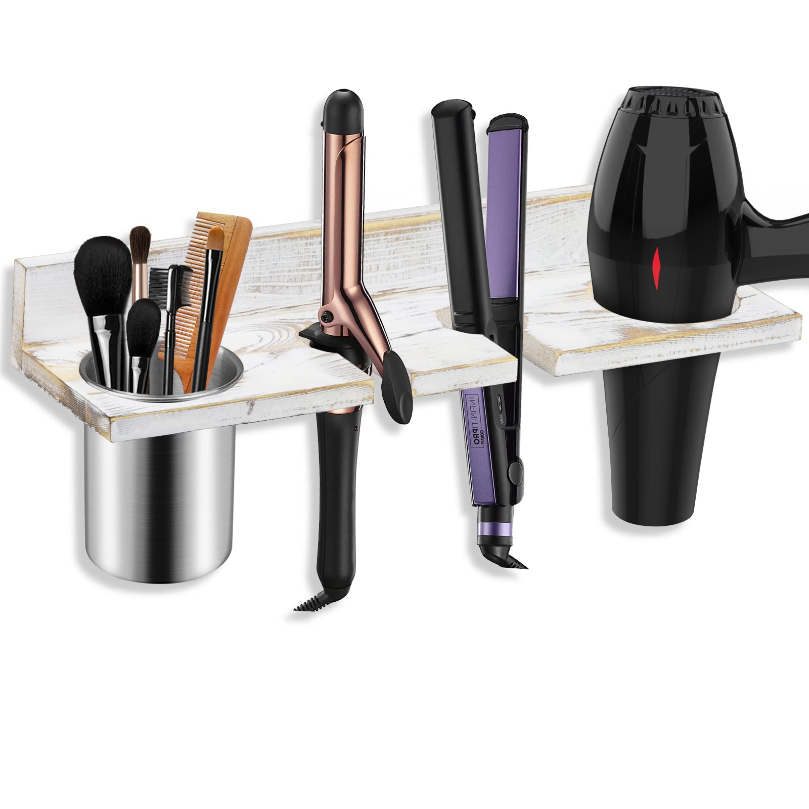 Hair Tool Organizer Wall Mounted, Sturdy Pine Wood Construction, Removable Stainless Steel Cup, Holds Hair Dryers, Straighteners