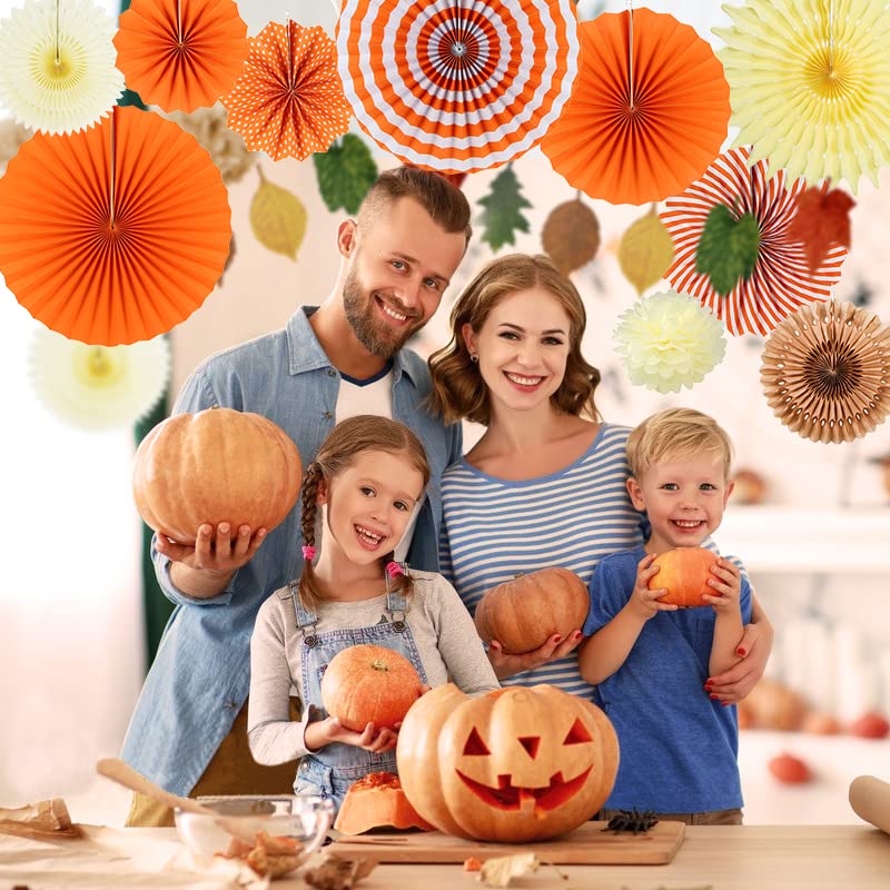 Easy Joy 14 Pcs Fall Party Decorations, Orange Hanging Paper Fans Autumn Paper Pompoms Paper Lanterns Maple Leaves Bunting Garla