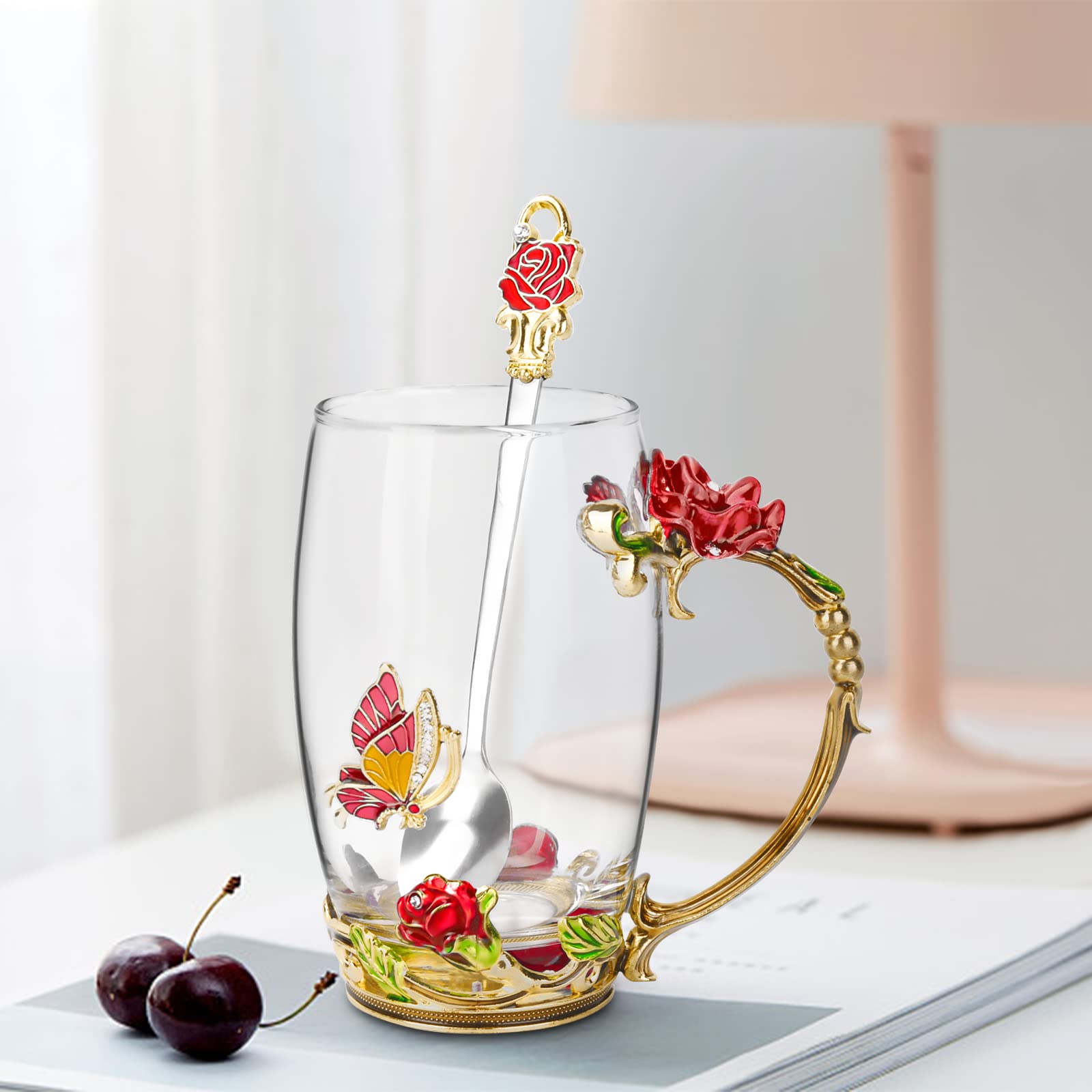 Oeago Gifts For Women Mom Mothers Valentines Day Tea Cup Best Birthday Butterfly Rose Gifts For Her From Daughter Son Glass Coff