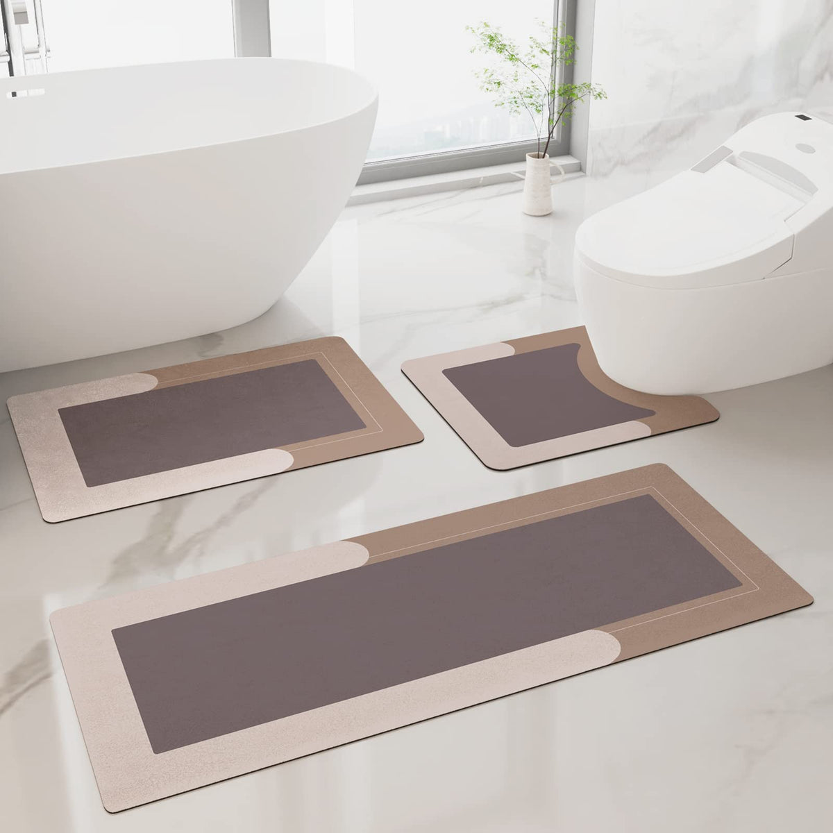 Hellotree 3Pcs Bath Mat Rug Rubber Non Slip Quick Dry Rug Sets Super Absorbent Thin Bathroom Rugs Fit Under Door Khaki Washable