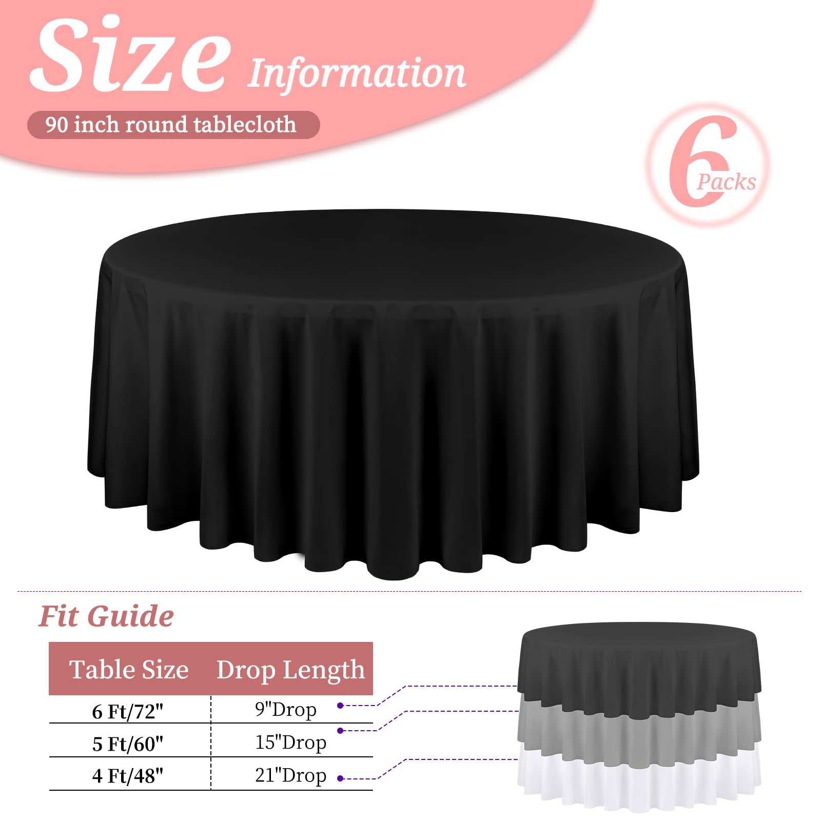 Ymhpride 6 Pack Round Tablecloth 90 Inch Black Table Cloths Polyester Round Table Cloth,Black Tableclothes Round Washable Fabric