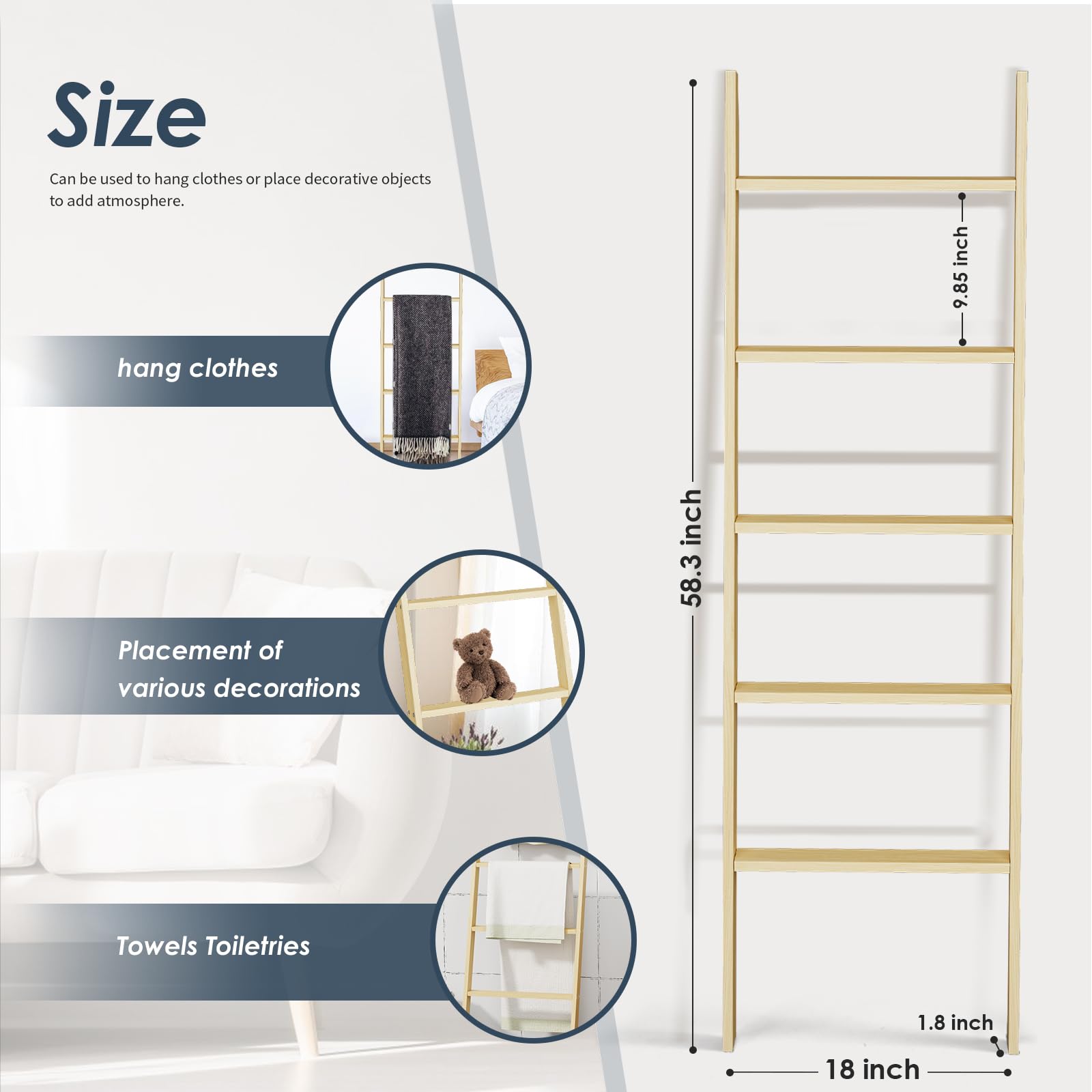 5-Tier Blanket Ladder Wooden, Non-Folding 4.8Ft(57.5'') Blanket Towel Holder Rack Decorative Ladder, Easy Assembly, Rustic Farmh