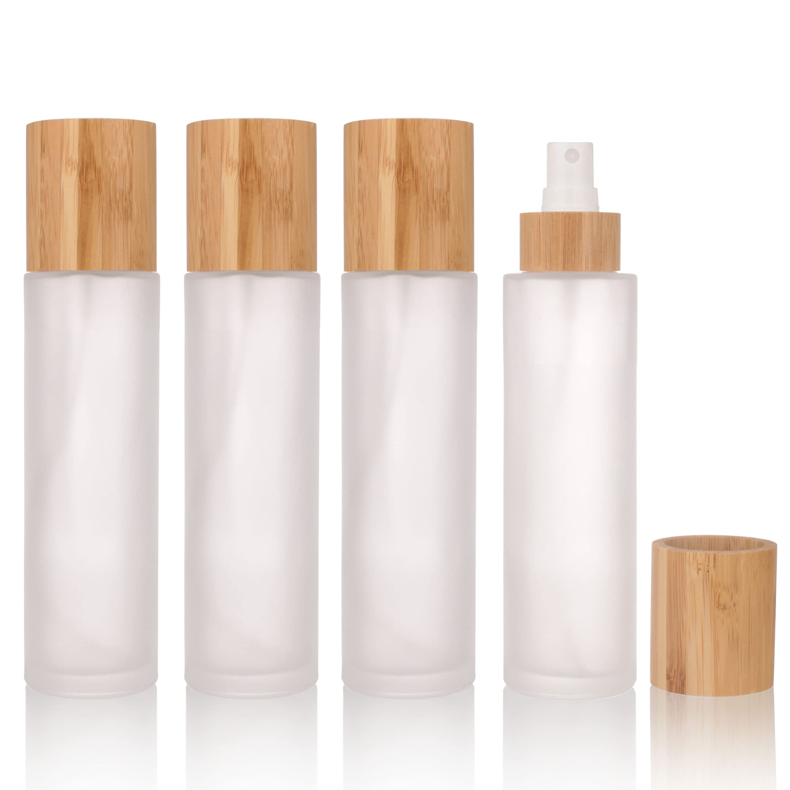 Cosidea 4 Pcs Empty 4Oz /120Ml Bamboo Lid Frosted Glass Spray Bottle With Fine Mist Despenser Head For Liquid Perfume Toiletries