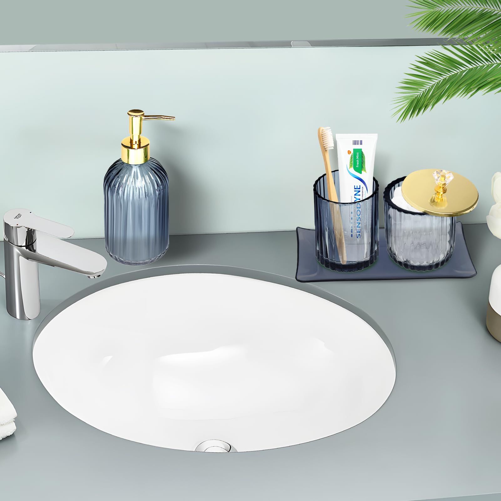 Haturi Bathroom Accessories Set, 4 Pcs Blue Glass Bathroom Accessories Sets Complete W/Lotion Soap Dispenser, Toothbrush Holder,