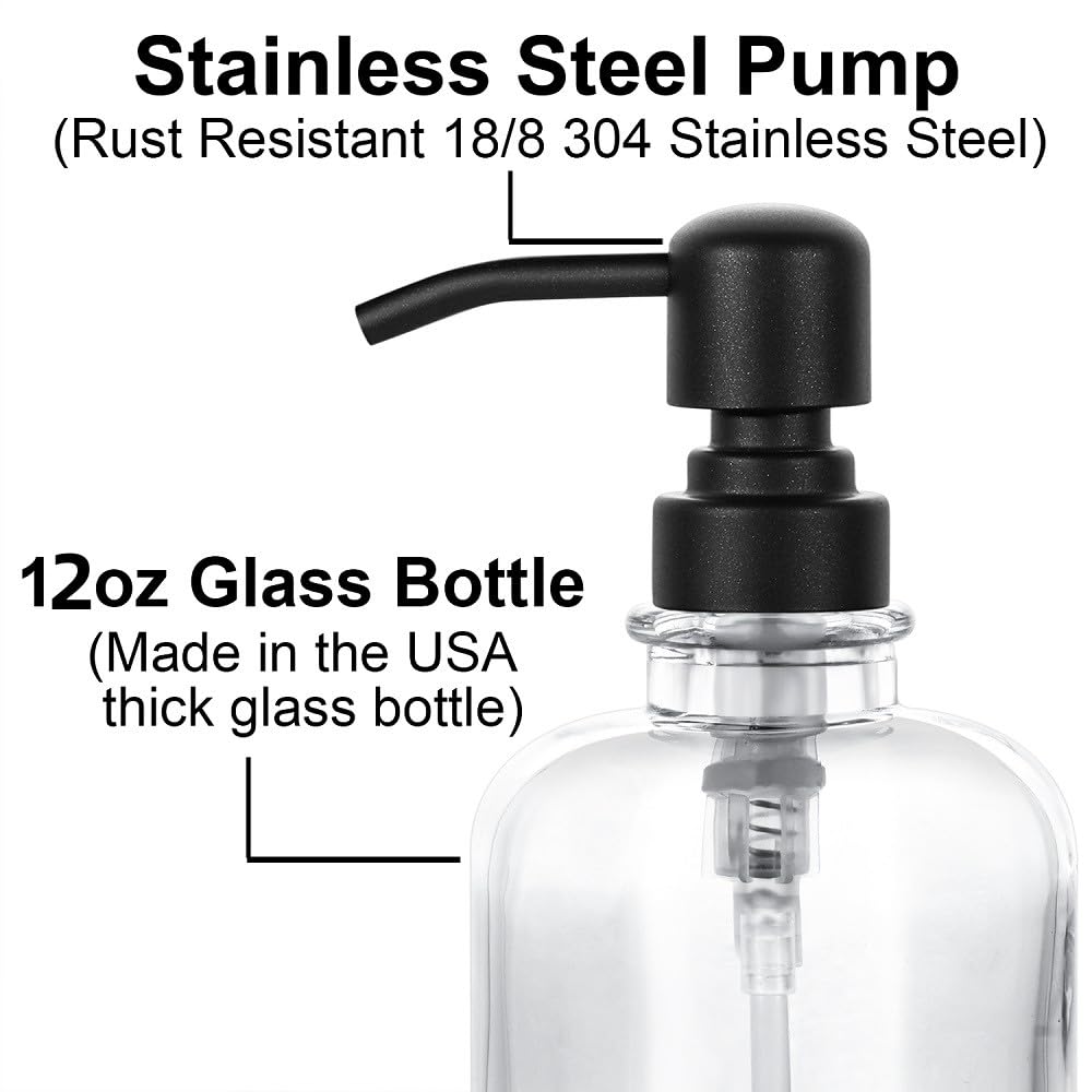 Thick Clear Glass Jar Hand Soap Dispenser Bathroom With Matte Black Stainless Steel Pump, 12Ounce Clear Boston Round Bottle Disp