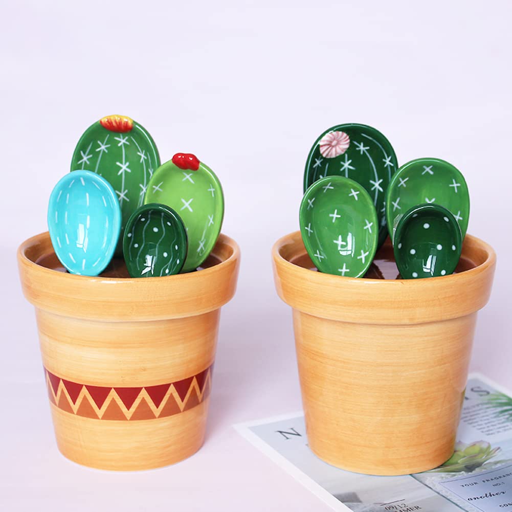 Kelendle Ceramic Cactus Measuring Spoons With Holder Set Of 5 Baking Measuring Spoons For Wet & Dry Ingredients Cactus Figurine