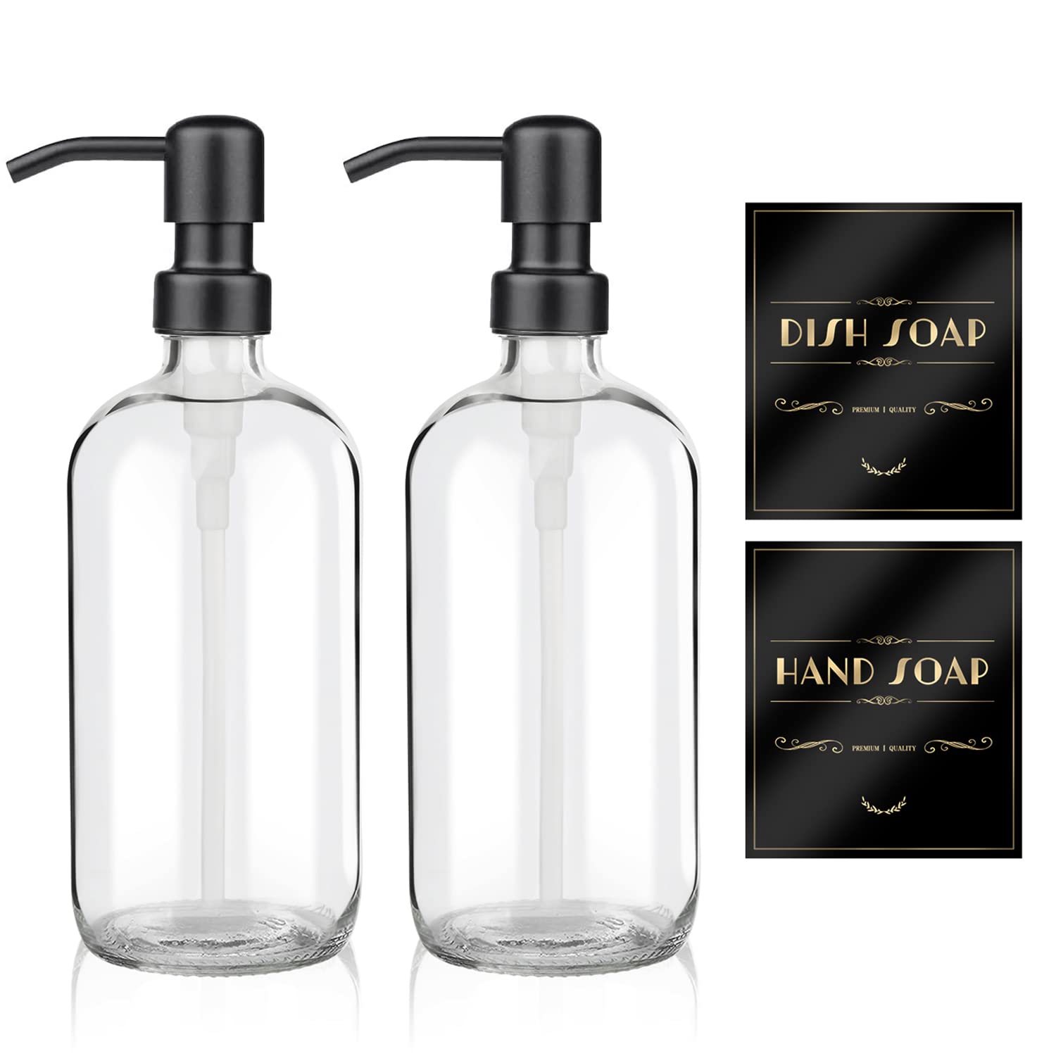 Arktek 2 Pack Glass Soap Dispenser - Clear Dish Soap Dispenser For Kitchen, Refillable Liquid Hand Soap Dispenser With Rust Proo