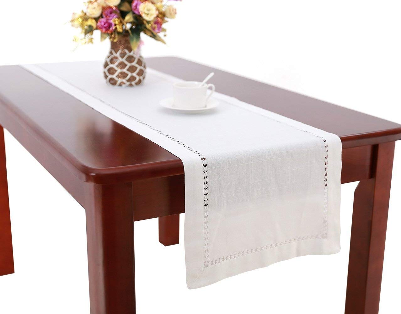 Grelucgo Handmade Hemstitched Natural Rectangle White Lace Table Runners (14X48 Inch)