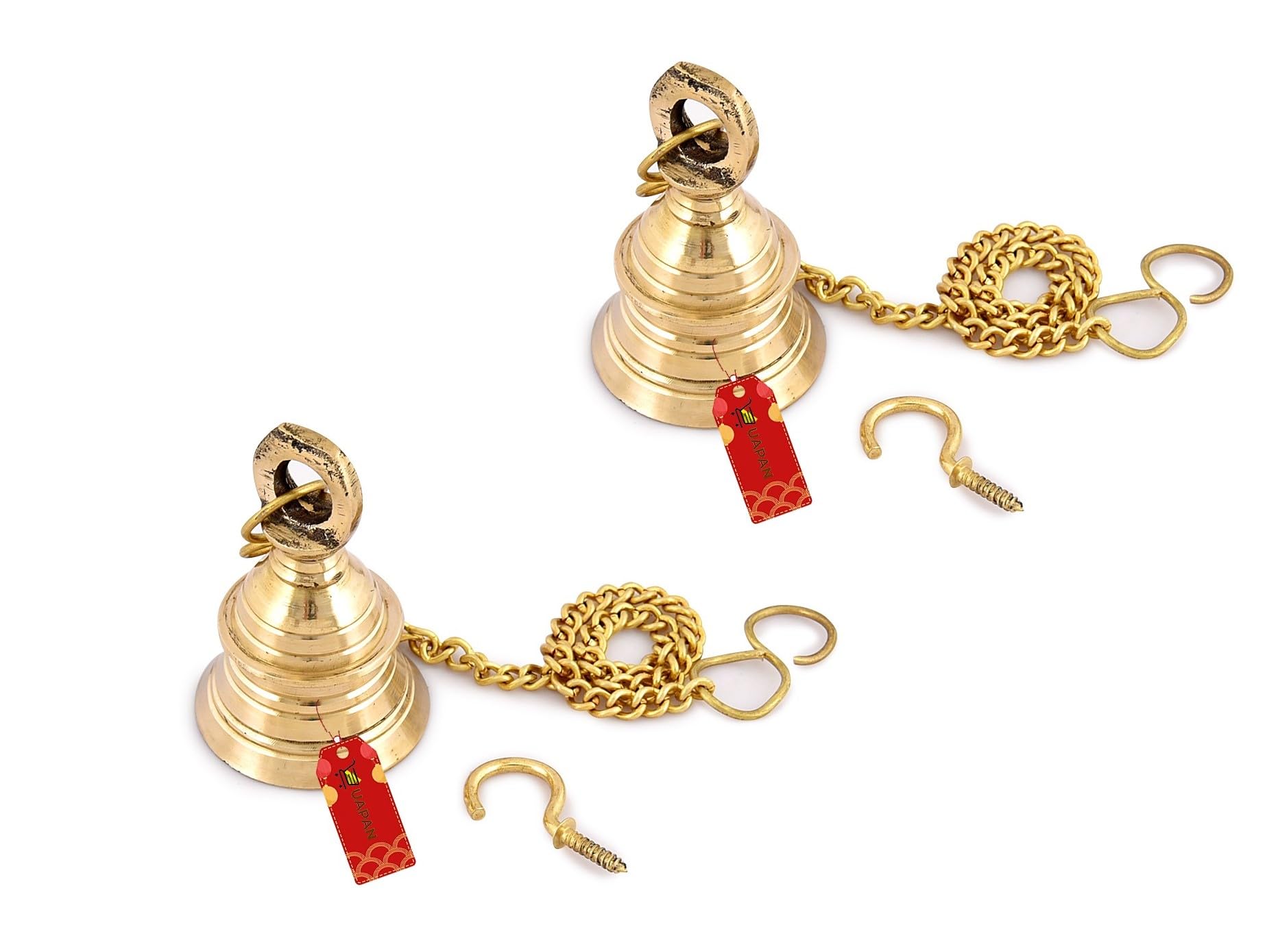 Uapan Brass Gold Wall Hanging Bell With Chain And Hanging Hook For Home Mandir Temple Decorative I Puja Room (Pack Of 2 Nos) (2.