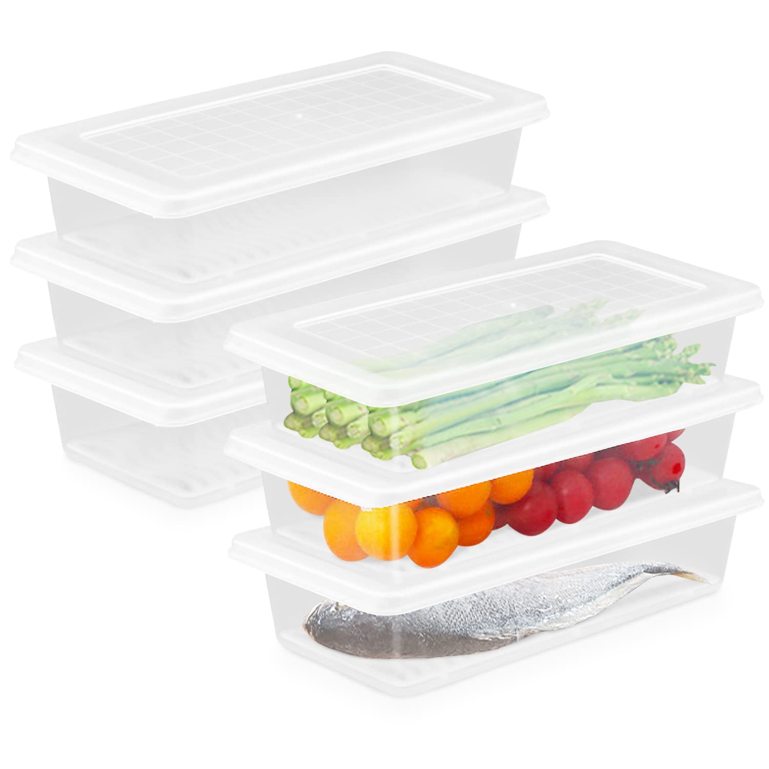 Nsmykhg Food Storage Containers, 6 Pack Fridge Organizer Case with Removable Drain Plate, Produce Containers to Keep Fruits, Veg