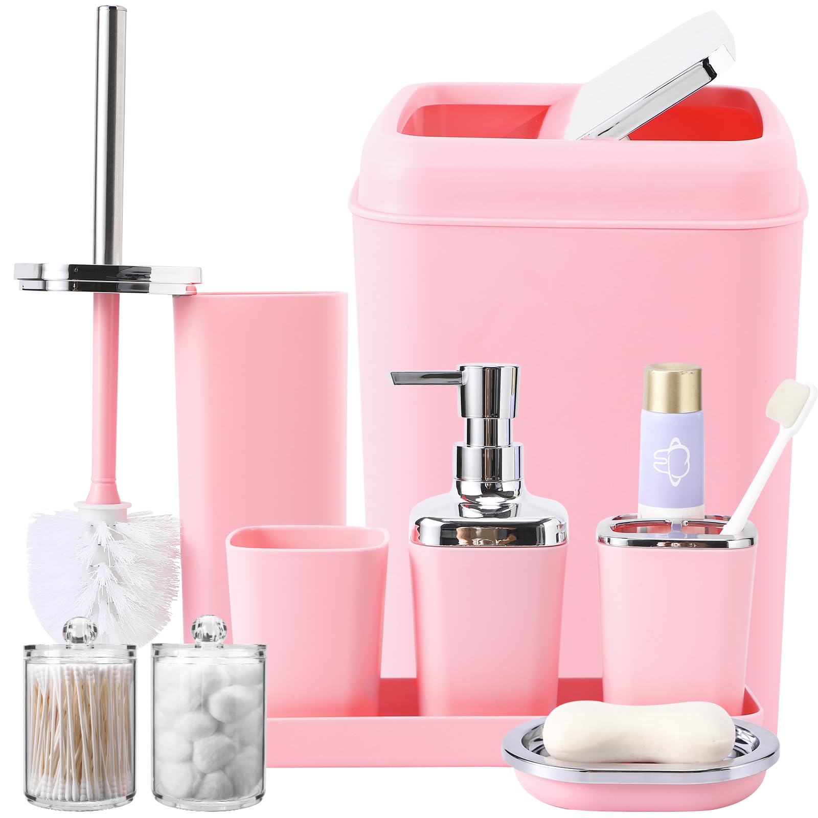 9-Piece Pink Bathroom Accessory Set, Plastic Bathroom Set With Tray, Soap Dispenser, Toothbrush Holder, Toothbrush Cup, Soap Dis