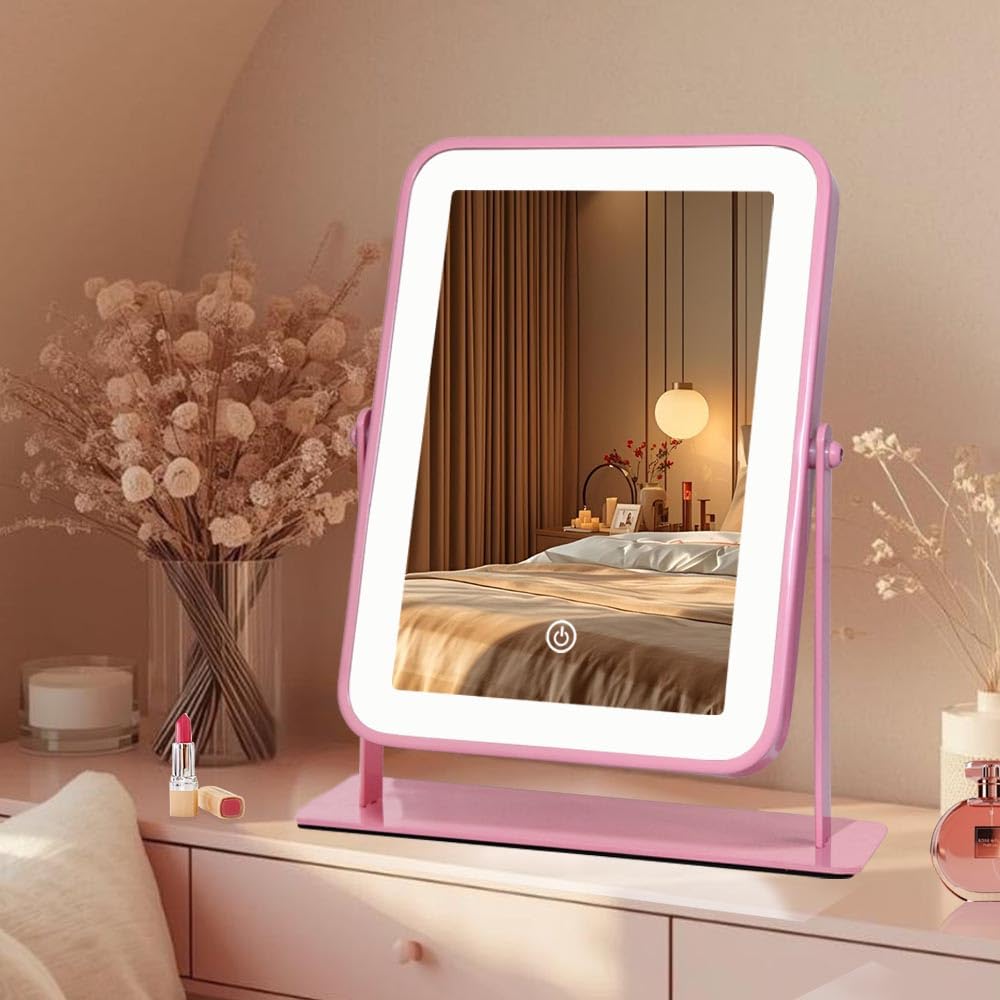 LAKFUES Pink LED Makeup Mirror with Lights - Rechargeable Wireless Vanity Mirror for Desk - Adjustable Brightness, 3 Color Light