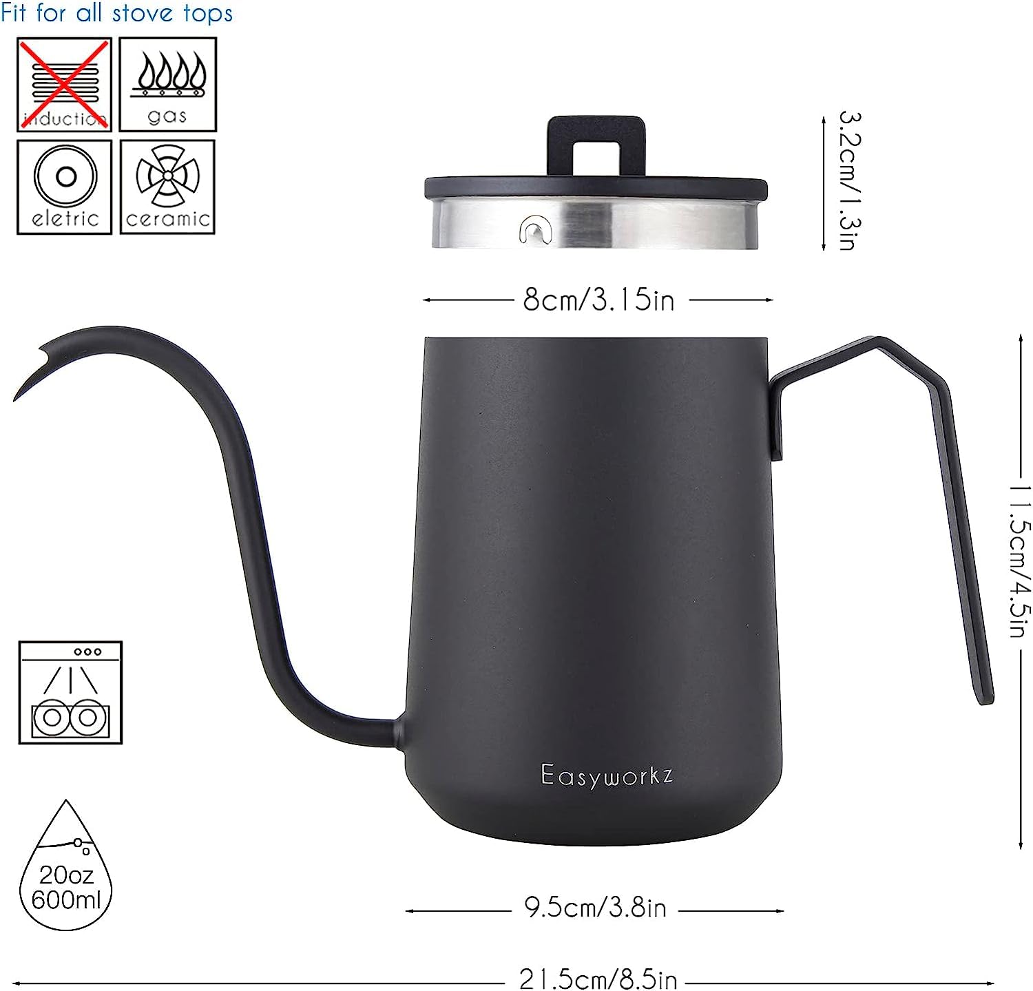 Easyworkz Gooseneck Pour Over Coffee Kettle 20 Oz Stainless Steel Hand Drip Coffee Pot With Long Narrow Spout, Matte Black
