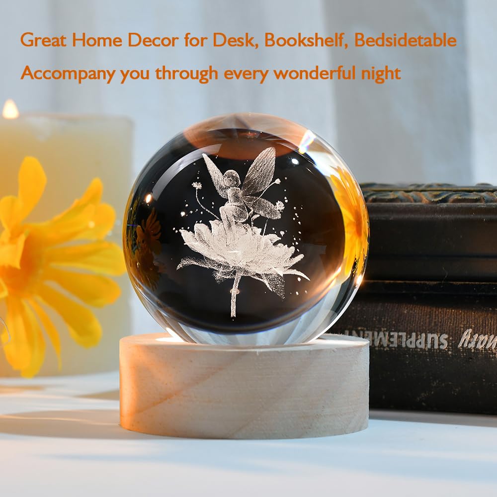 ZRENJHUS Flower Fairy Crystal Ball Fairy with Flower Glass Decor 3D Engraving Decorative Ball Light Gifts for Girls Women Fairy