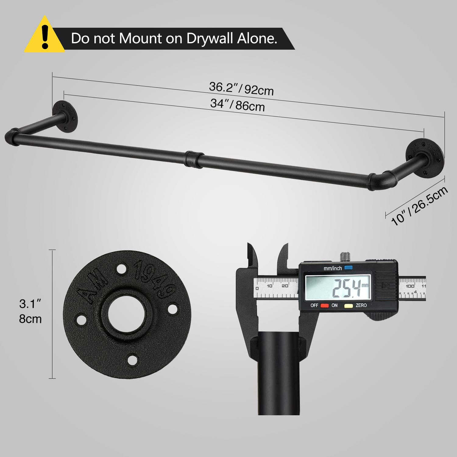 GREENSTELL Clothes Rack  36.2 Inch Industrial Pipe Wall Mounted Garment Rack  Space-Saving  Heavy Duty Detachable Garment Bar  Multi-Purpose Hanging Rod for Closet 2 Base (2 Pack)