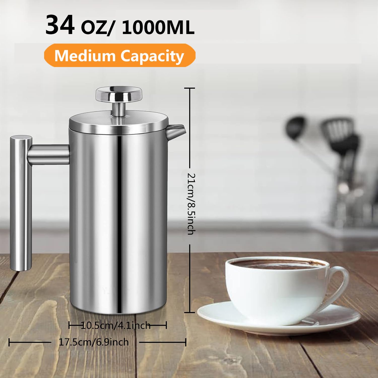 Meelio French Press Coffee Maker 34Oz, Double-Wall Insulated French Coffee Press Stainless Steel 1L For Travel Camping, Included