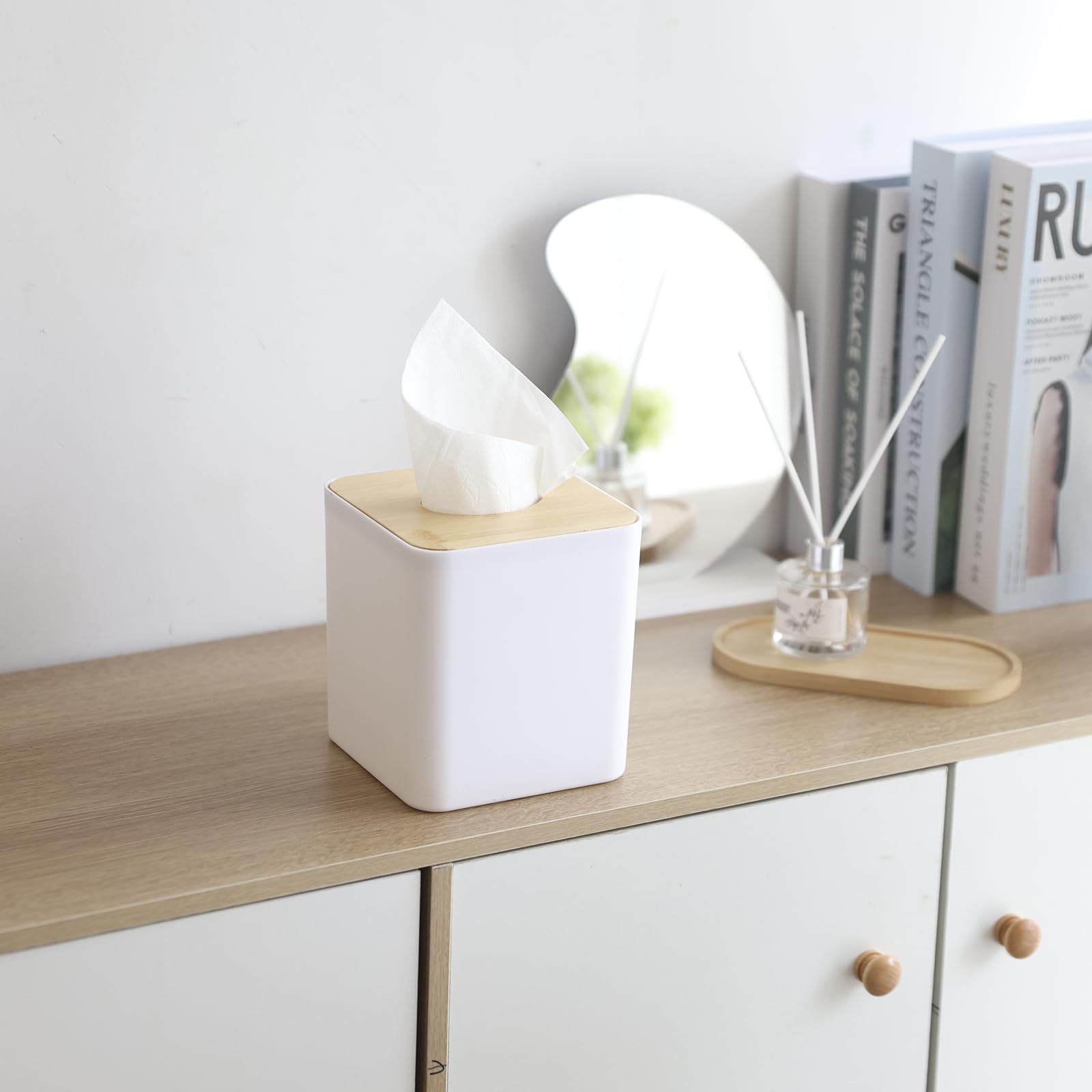 Square Tissue Box Cover,White Tissue Box Holder,Bamboo Facial Cube Box Cover For Storage On Bathroom Vanity, Countertop, Bedroom