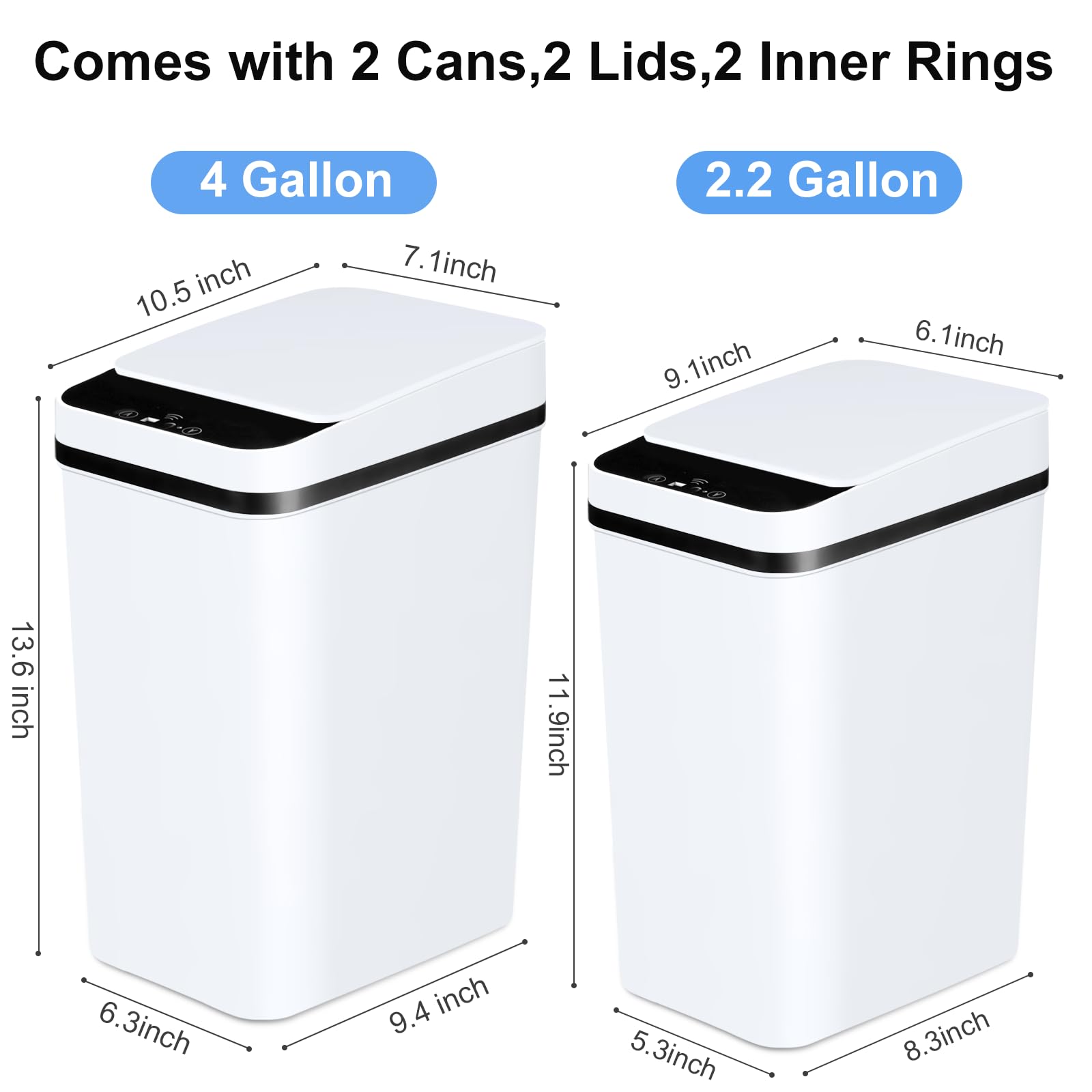 Anborry Bathroom Trash Cans With Lid 2 Pack Touchless Automatic Motion Sensor 2.2 Gal & 4 Gal Small Garbage Can, Smart Electric