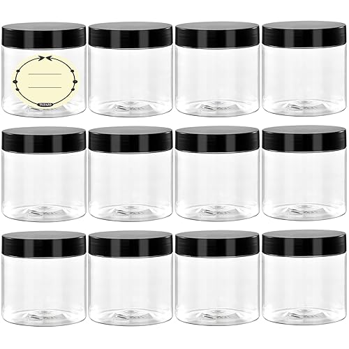 TUZAZO 4 Oz Plastic Container Jars with Lids and Labels BPA Free  Empty Round Clear Cosmetic Slime Jars for Lotion  Cream  Ointments  Body Butter  Makeup  Travel Storage (12 Pack)