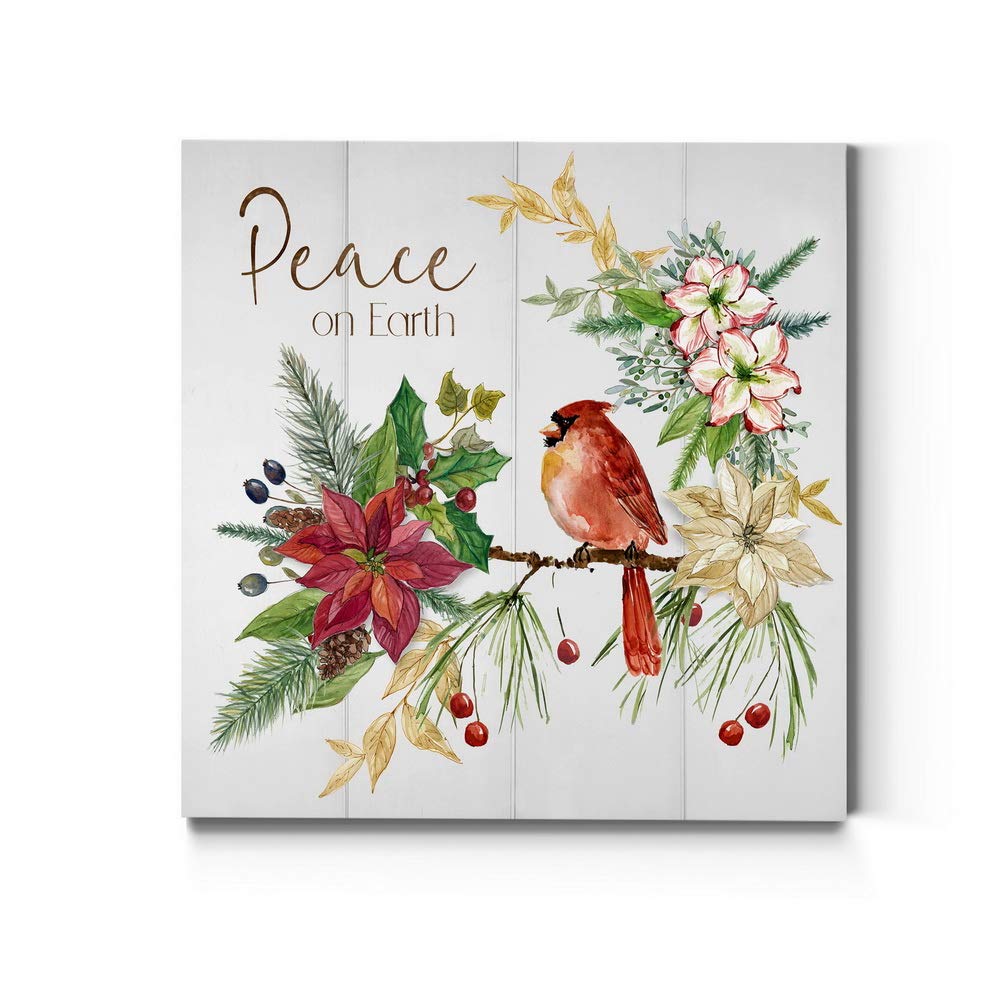 Renditions Gallery Peace On Earth Wall Art, Christmas & Winter Artwork, Poinsettia, Red Cardinal, & Pine Cones, Premium Gallery