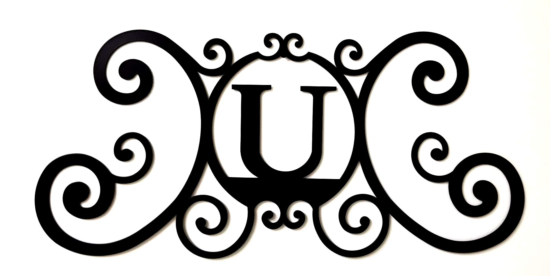 BookishBunny Monogram Initial Letter A-Z Wrought Iron Metal Scrolled Door Wall Decoration Plaque Art, 24 x 11 inch 2mm Thick (U)