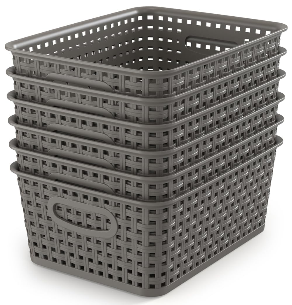 Wyt Weave Storage Organizer Baskets, Grey 6-Pack Plastic Woven Baskets, 10.1'' X 7.55'' X 4.1''
