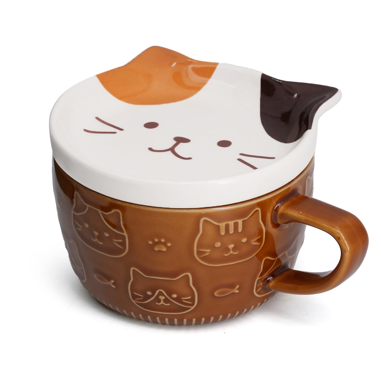 YLOKO Cute Cat Mug with Lid, 300ml/10oz Ceramic Calico Cat Coffee Mugs, Kawaii Animal Milk Teacup Novelty Gifts for Cat Lovers K