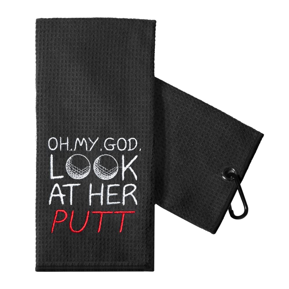 TOUNER Oh My God Look at Her Embroidered Golf Towels, Funny Pink Golf Towel Gifts for Aunt Girlfriend Women Wife Glof Lover (Bla