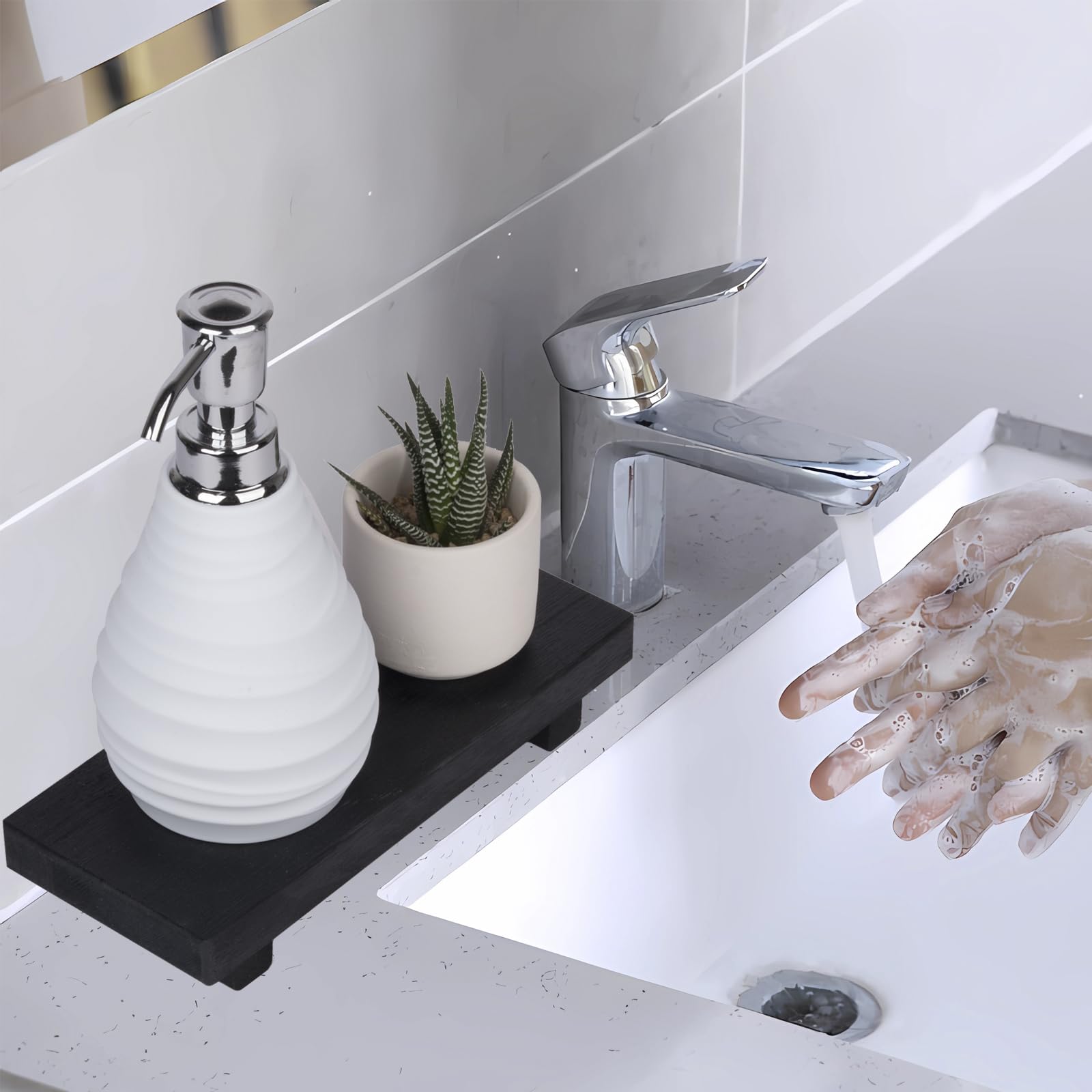 Small Wood Tray Pedestal Stand Farmhouse Bathroom Decor Decorative Wooden Riser Kitchen Soap Dish Holder For Vanity, Counter, Si