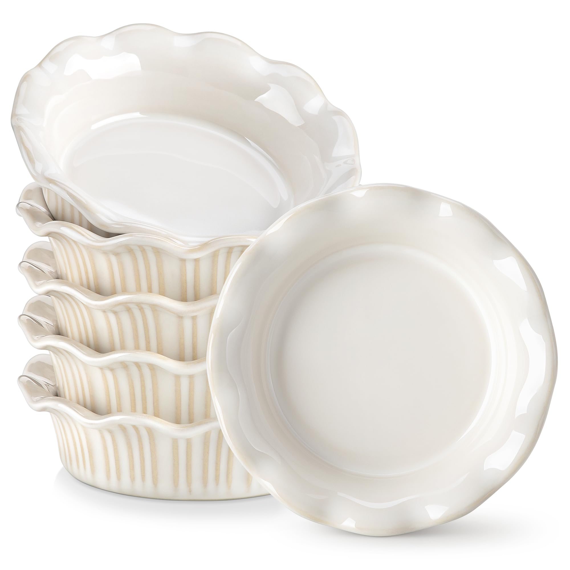 vancasso Mini Pie Pans Set of 6, 5.2 Inch Ceramic Deep Dish Pie Plates with Ruffled Edge for Baking, Microwave & Oven Safe, Whit