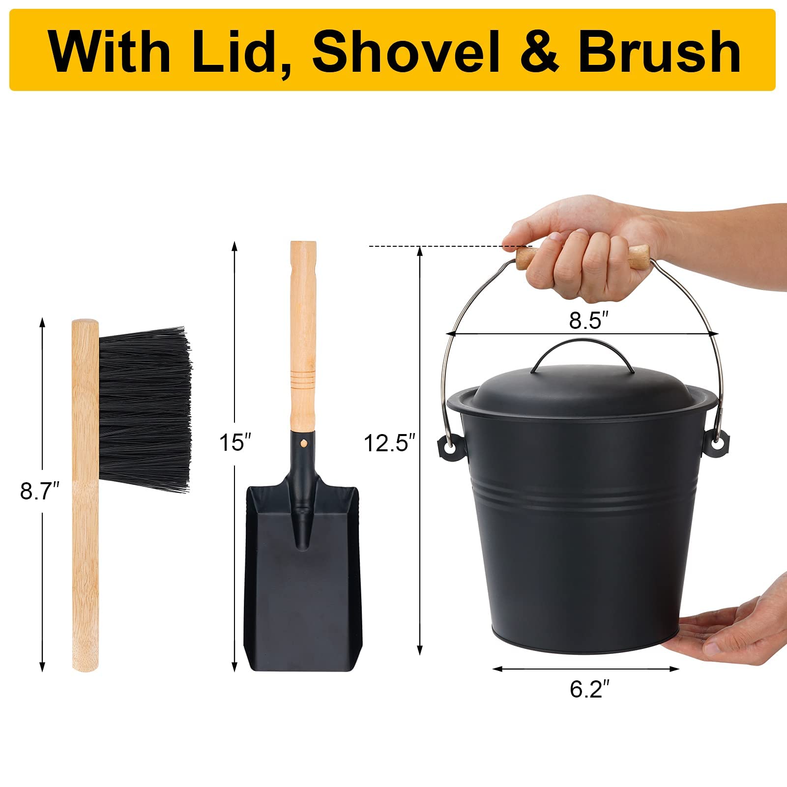 1.5-Gallon Metal Ash Bucket With Lid, Shovel, Broom - For Fireplaces, Wood Stoves