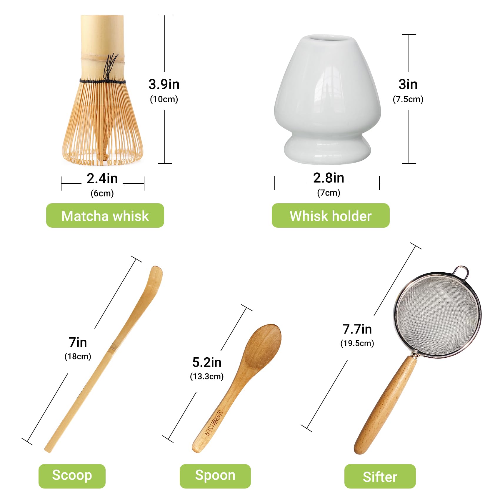 Shonmisen Bamboo Matcha Whisk Set -Matcha Whisk (Chasen),Whisk Holder(White),Sifter,Tea Scoop And Tea Spoon