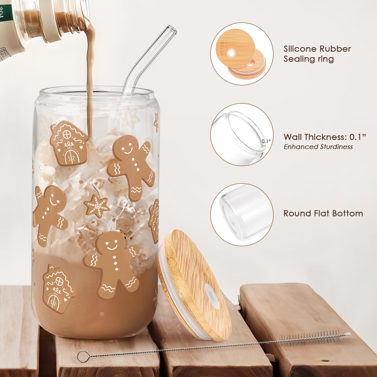 Gingerbread Christmas 16oz Can Glass Tumbler with Bamboo Lid & Straw - Iced Coffee Cup for Women Girls, Aesthetic Cups Gifts for