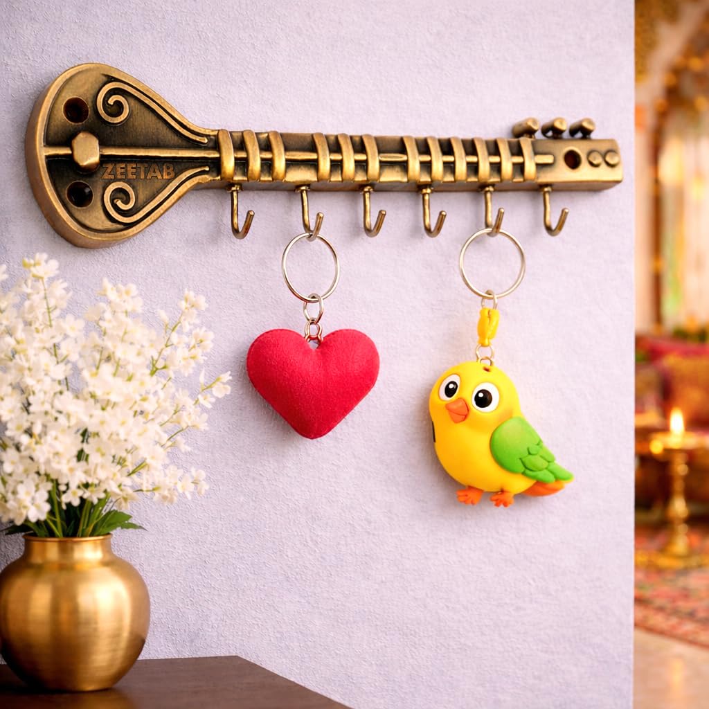 Zeetab Sitar Key Holder with 6 Hook, Veena Royal Art Key Stand & Guitar Wall Mount Hanger for Music Lover, Home Decor Gift (8x2.