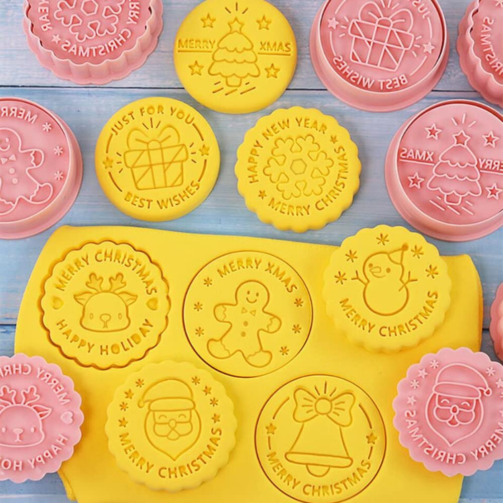 8 Pieces Round Christmas Cookie Cutter Cookie Moulds For Baking Cookie Mould Press Christmas Cookie Mould Set Kitchen Tools Plas